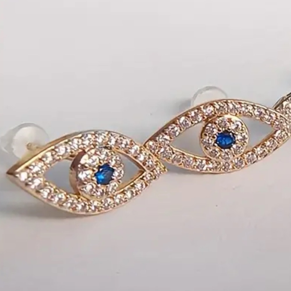 Gold Cubic Zirconia Evil Eye Earrings, Evil Eye Studs, Stud Earrings - Picture 6 of 7